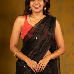 SAREEN Black Gini Raga Cotton Tissue Saree with Subtle Golden Dots