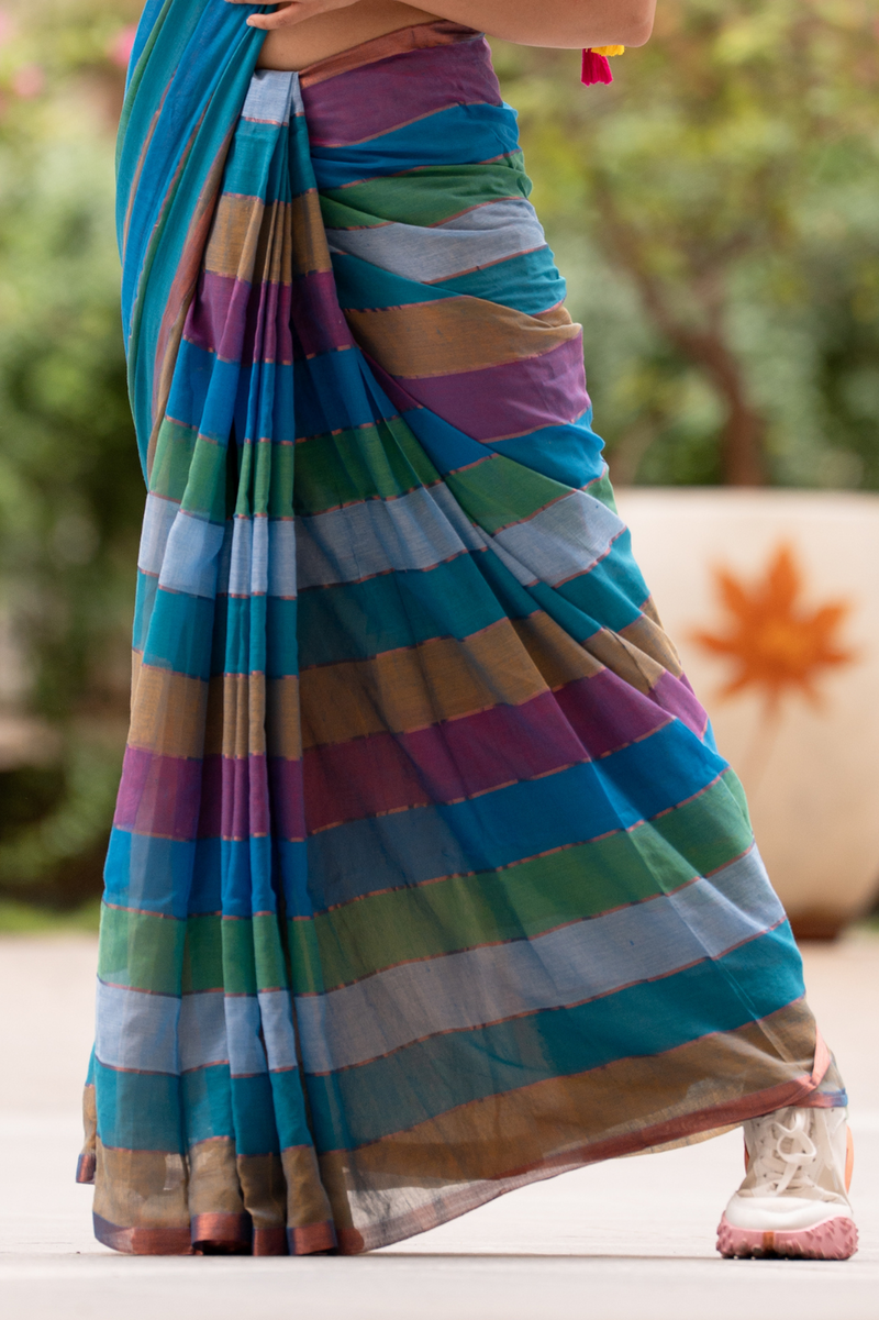 SAREEN Multi-Color Striped Mal Cotton Saree with Tassel Pallu