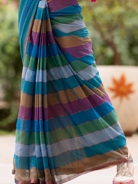 SAREEN Multi-Color Striped Mal Cotton Saree with Tassel Pallu