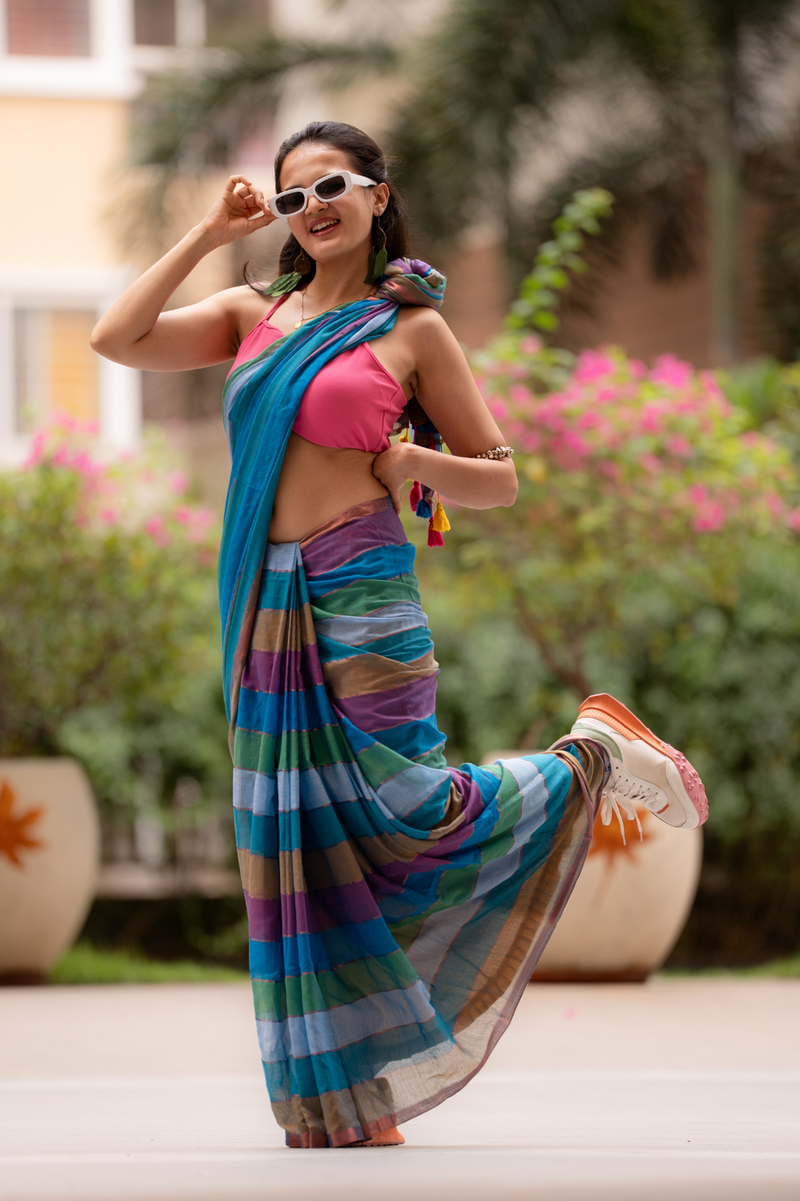 SAREEN Multi-Color Striped Mal Cotton Saree with Tassel Pallu