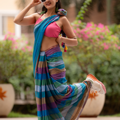 SAREEN Multi-Color Striped Mal Cotton Saree with Tassel Pallu