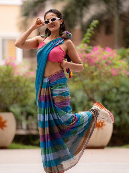 SAREEN Multi-Color Striped Mal Cotton Saree with Tassel Pallu