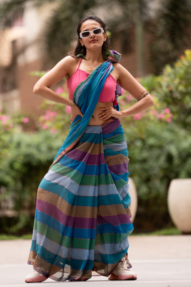 SAREEN Multi-Color Striped Mal Cotton Saree with Tassel Pallu