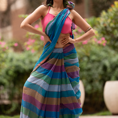 SAREEN Multi-Color Striped Mal Cotton Saree with Tassel Pallu