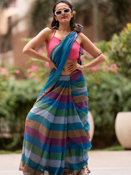 SAREEN Multi-Color Striped Mal Cotton Saree with Tassel Pallu