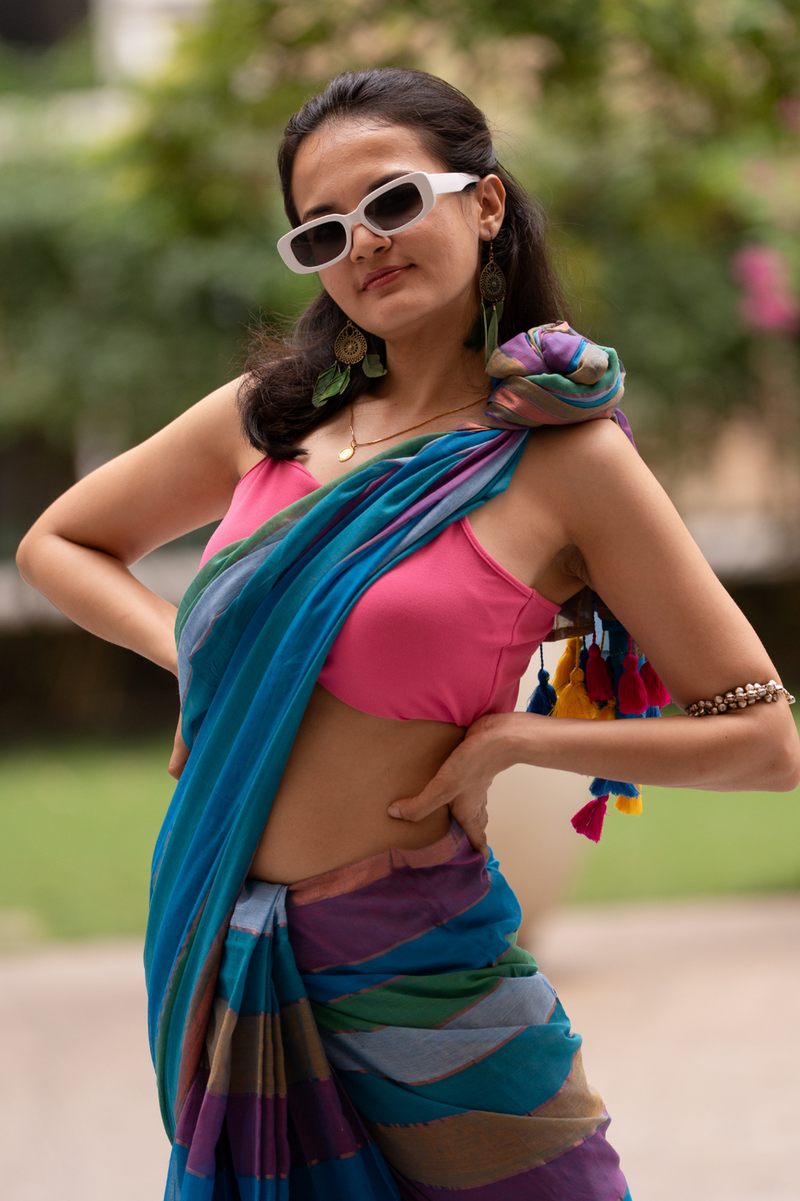 SAREEN Multi-Color Striped Mal Cotton Saree with Tassel Pallu