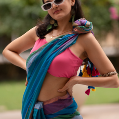 SAREEN Multi-Color Striped Mal Cotton Saree with Tassel Pallu