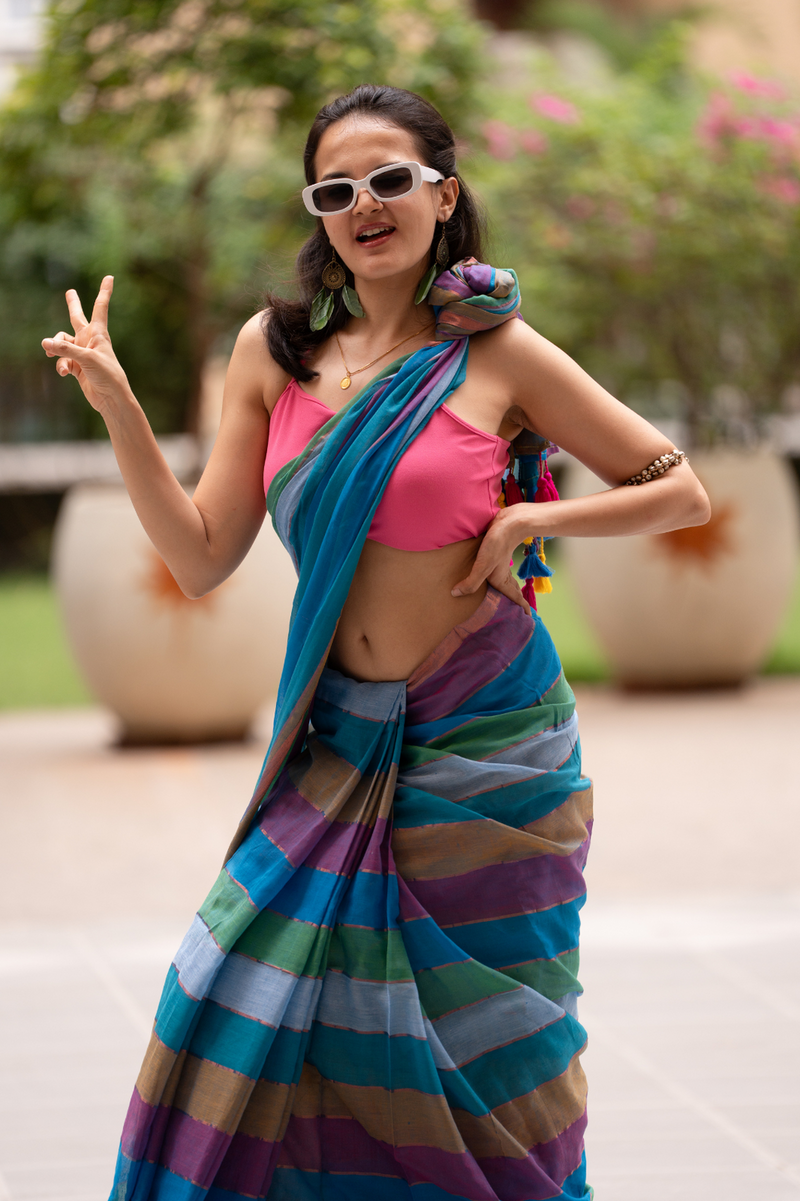 SAREEN Multi-Color Striped Mal Cotton Saree with Tassel Pallu
