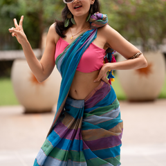 SAREEN Multi-Color Striped Mal Cotton Saree with Tassel Pallu