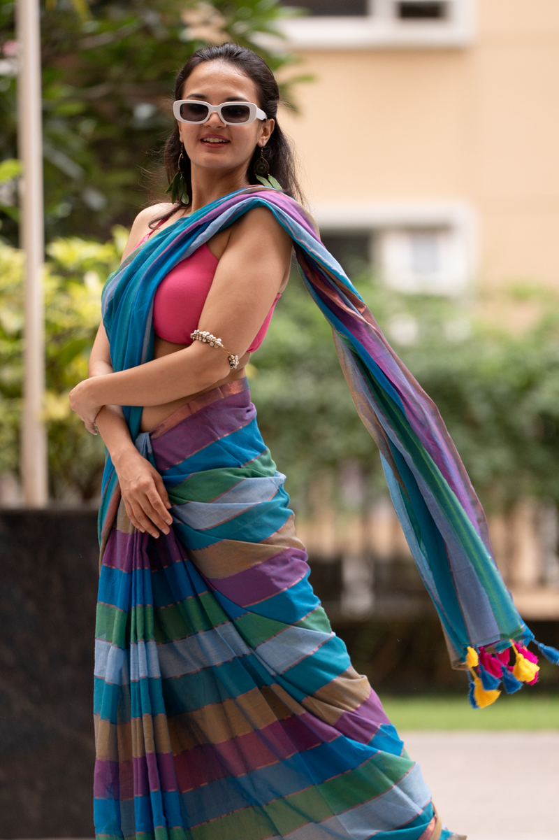 SAREEN Multi-Color Striped Mal Cotton Saree with Tassel Pallu