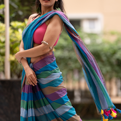 SAREEN Multi-Color Striped Mal Cotton Saree with Tassel Pallu