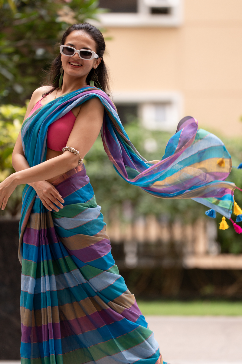 SAREEN Multi-Color Striped Mal Cotton Saree with Tassel Pallu