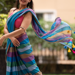 SAREEN Multi-Color Striped Mal Cotton Saree with Tassel Pallu
