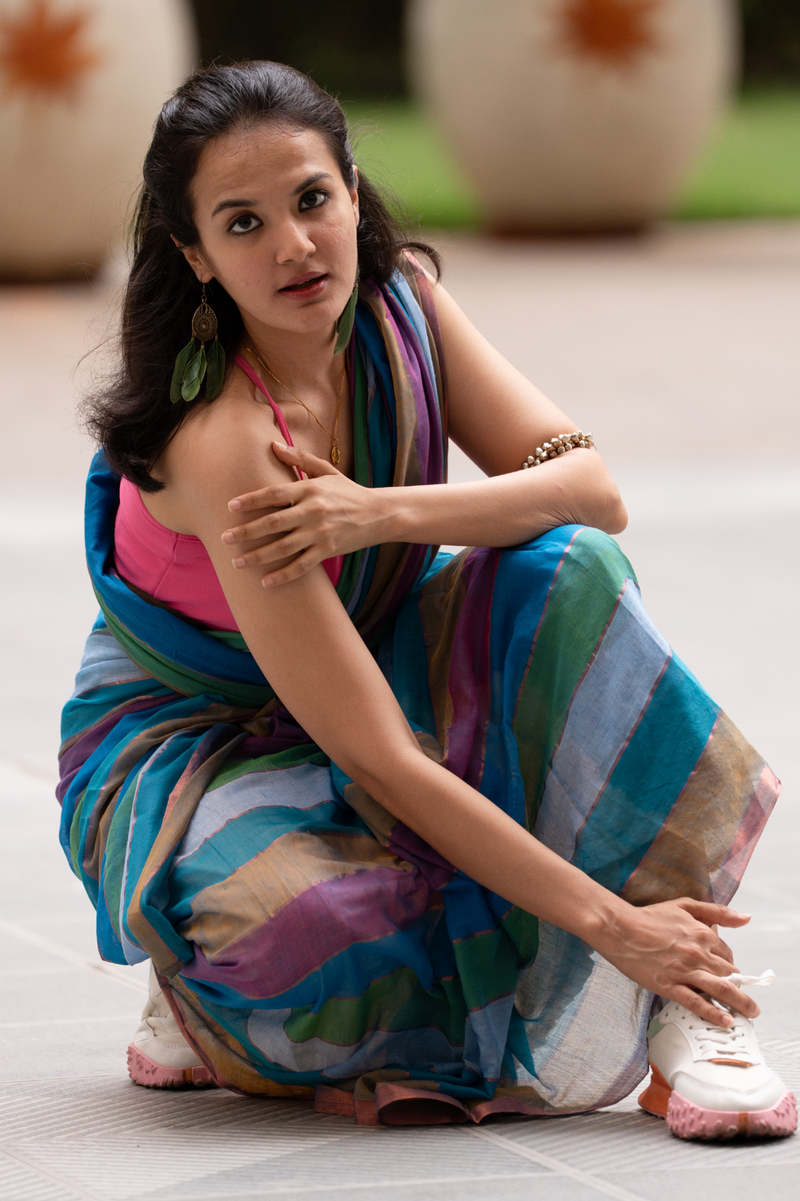 SAREEN Multi-Color Striped Mal Cotton Saree with Tassel Pallu