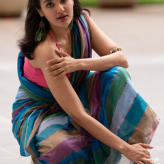 SAREEN Multi-Color Striped Mal Cotton Saree with Tassel Pallu