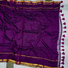 SAREEN Royal Purple Mal Cotton Saree with Classic Gold Zari Border & Tassel Pallu