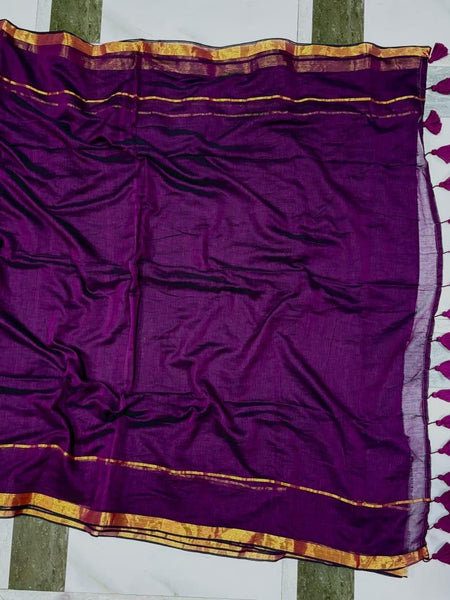 SAREEN Royal Purple Mal Cotton Saree with Classic Gold Zari Border & Tassel Pallu