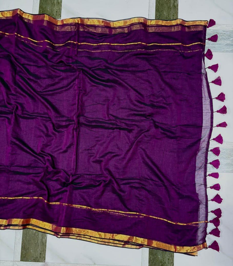 SAREEN Royal Purple Mal Cotton Saree with Classic Gold Zari Border & Tassel Pallu