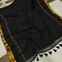 SAREEN Royal Bottle Green Mal Cotton Saree with Classic Gold Zari Border & Tassel Pallu