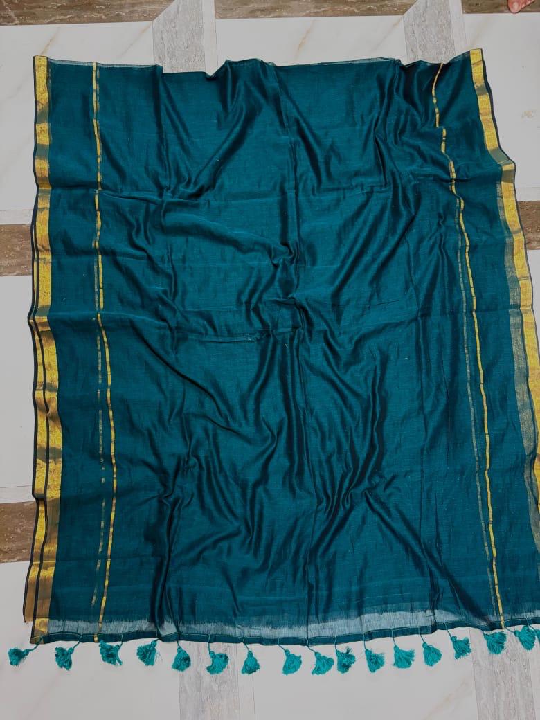 SAREEN Teal Green Mal Cotton Saree with Classic Gold Zari Border & Tassel Pallu