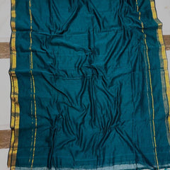 SAREEN Teal Green Mal Cotton Saree with Classic Gold Zari Border & Tassel Pallu