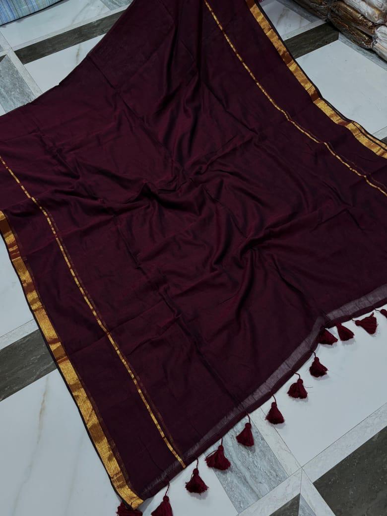SAREEN Royal Wine Mal Cotton Saree with Gold Zari Border & Tassel Pallu