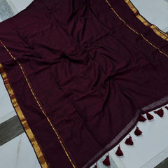 SAREEN Royal Wine Mal Cotton Saree with Gold Zari Border & Tassel Pallu