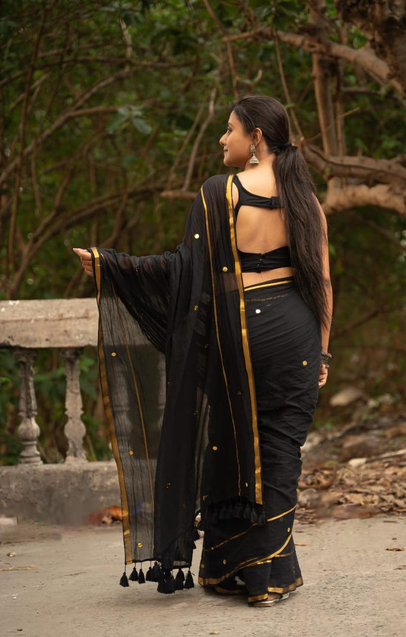 SAREEN Black & Gold Classic Mal Cotton Saree