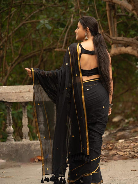 SAREEN Black & Gold Classic Mal Cotton Saree