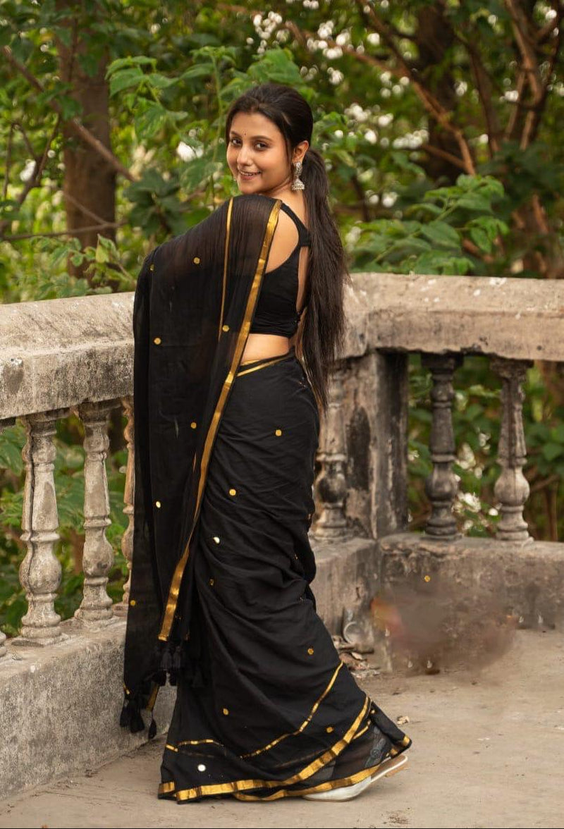 SAREEN Black & Gold Classic Mal Cotton Saree