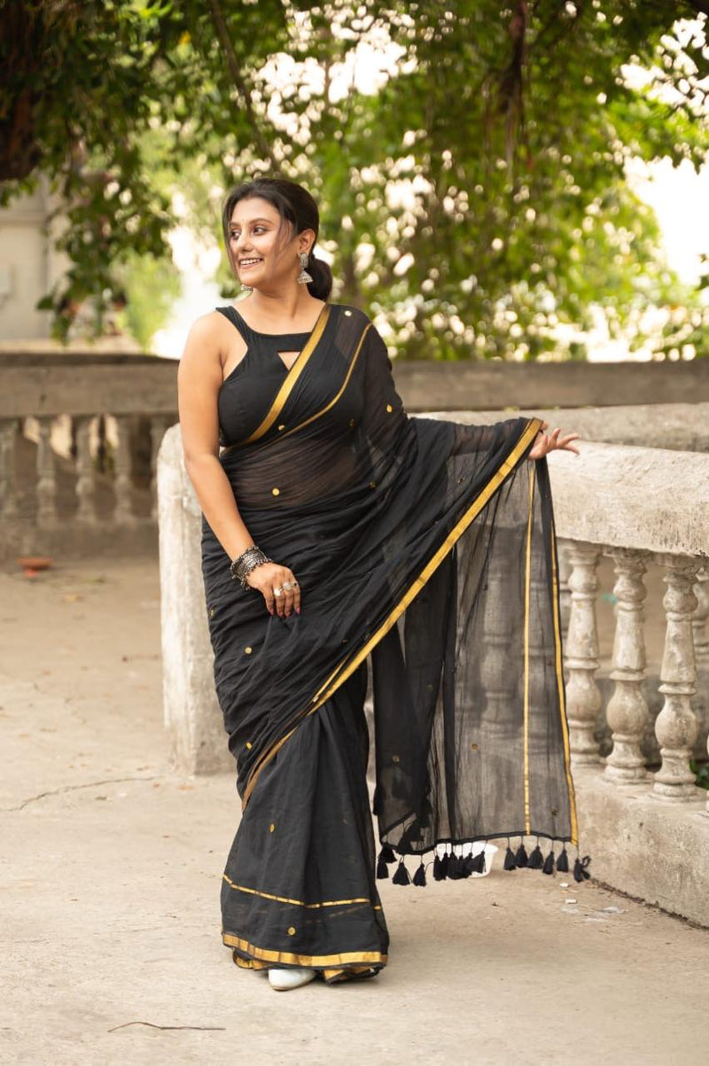 SAREEN Black & Gold Classic Mal Cotton Saree