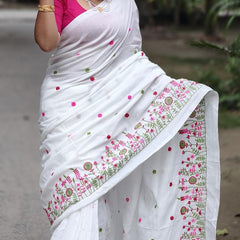 SAREEN Elegant White Floral Embroidered Mal Cotton Saree with Tassel Pallu