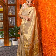 SAREEN Golden Beige Raga Tissue Saree with Subtle Zari Stripes & Tassel Pallu
