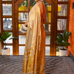SAREEN Golden Beige Raga Tissue Saree with Subtle Zari Stripes & Tassel Pallu