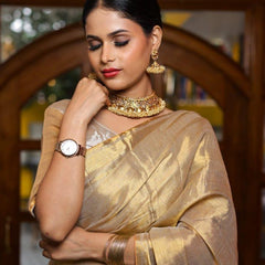SAREEN Golden Beige Raga Tissue Saree with Subtle Zari Stripes & Tassel Pallu