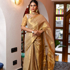 SAREEN Golden Beige Raga Tissue Saree with Subtle Zari Stripes & Tassel Pallu