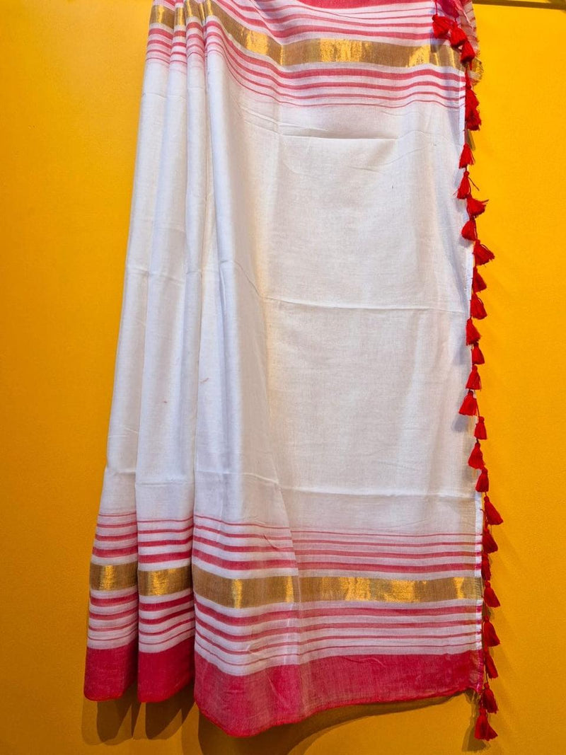 SAREEN Classic White & Red Border Mal Cotton Saree with Golden Stripes