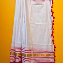 SAREEN Classic White & Red Border Mal Cotton Saree with Golden Stripes