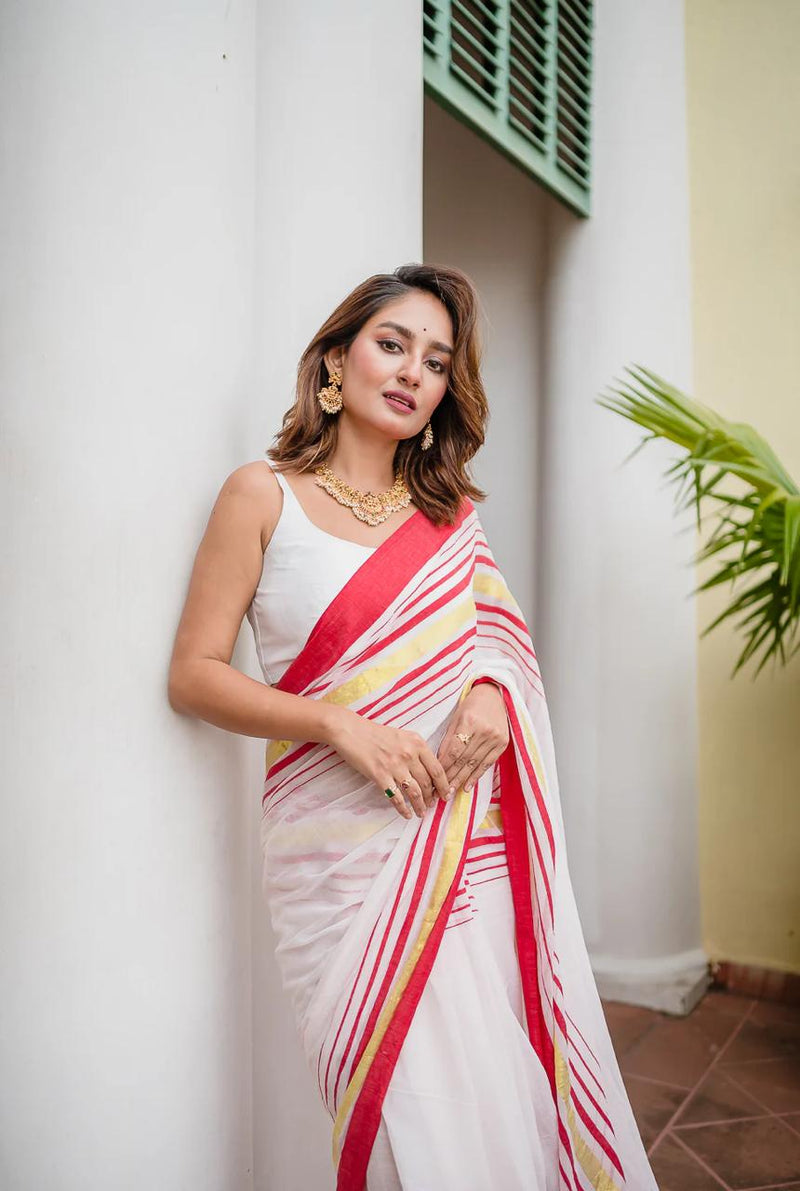 SAREEN Classic White & Red Border Mal Cotton Saree with Golden Stripes