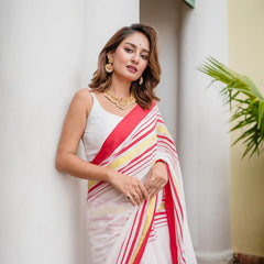 SAREEN Classic White & Red Border Mal Cotton Saree with Golden Stripes