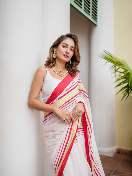 SAREEN Classic White & Red Border Mal Cotton Saree with Golden Stripes