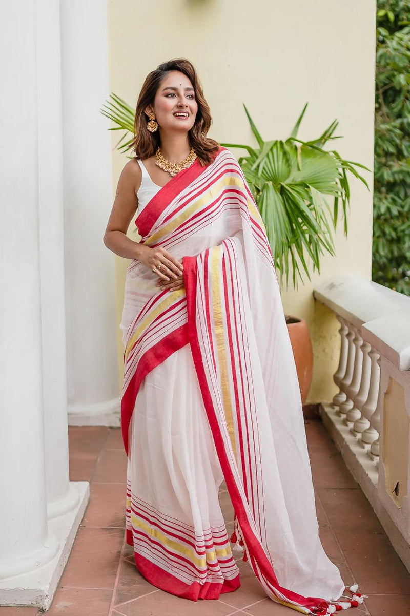 SAREEN Classic White & Red Border Mal Cotton Saree with Golden Stripes
