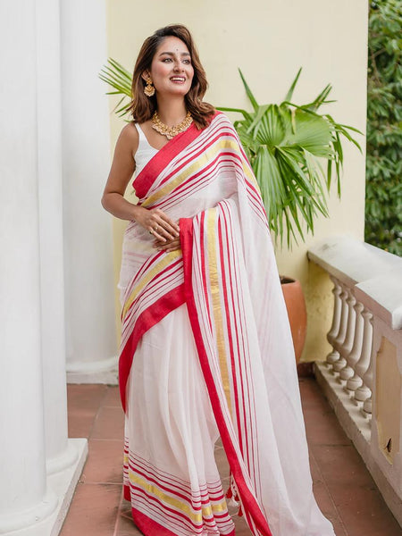 SAREEN Classic White & Red Border Mal Cotton Saree with Golden Stripes