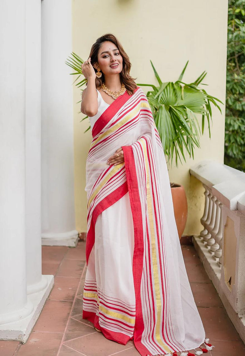 SAREEN Classic White & Red Border Mal Cotton Saree with Golden Stripes