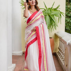 SAREEN Classic White & Red Border Mal Cotton Saree with Golden Stripes