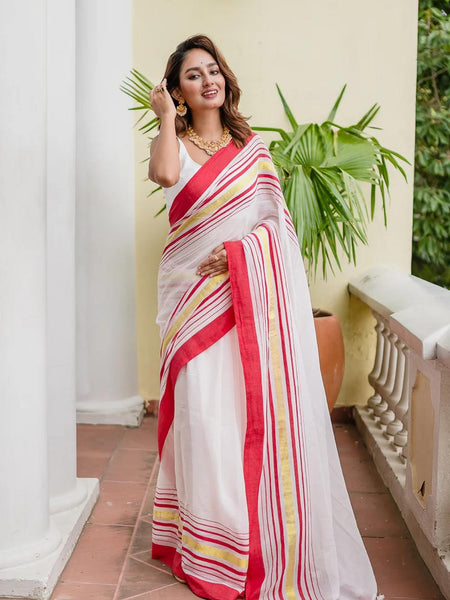 SAREEN Classic White & Red Border Mal Cotton Saree with Golden Stripes