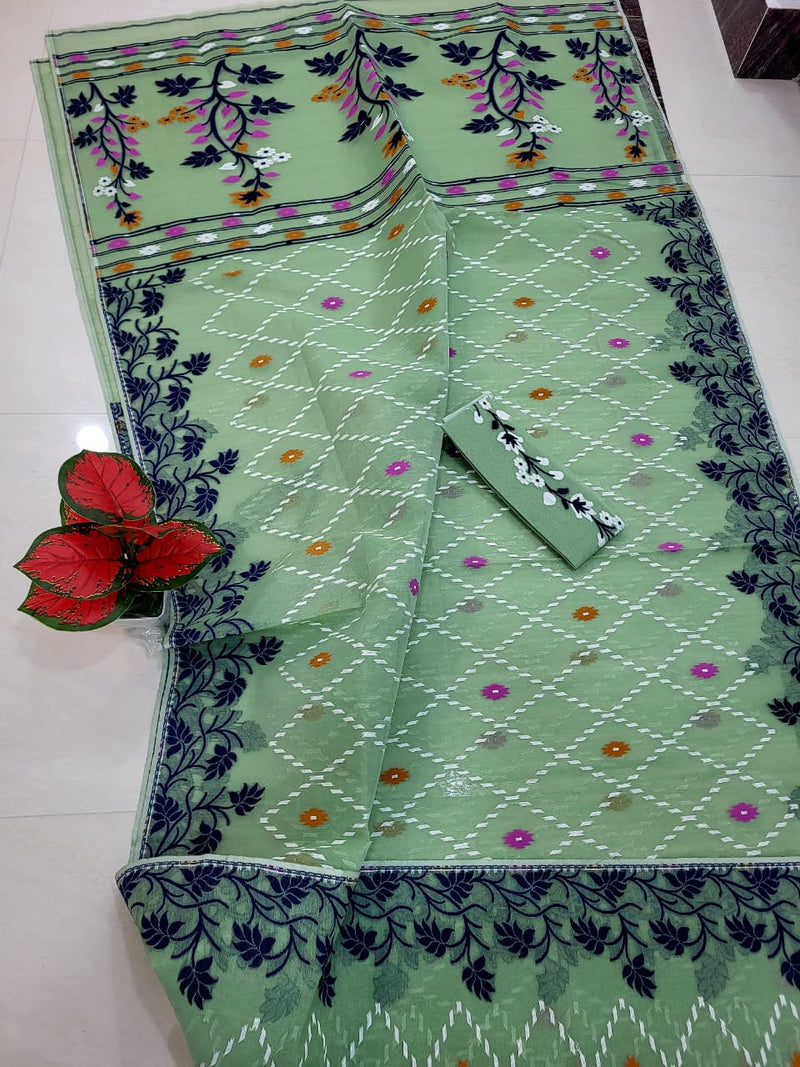 SAREEN Mint Green Floral Jamdani Saree with Navy Blue Woven Border