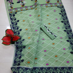 SAREEN Mint Green Floral Jamdani Saree with Navy Blue Woven Border