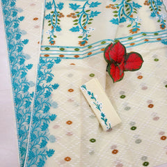 SAREEN Cream Floral Jamdani Saree with Turquoise Blue Woven Border