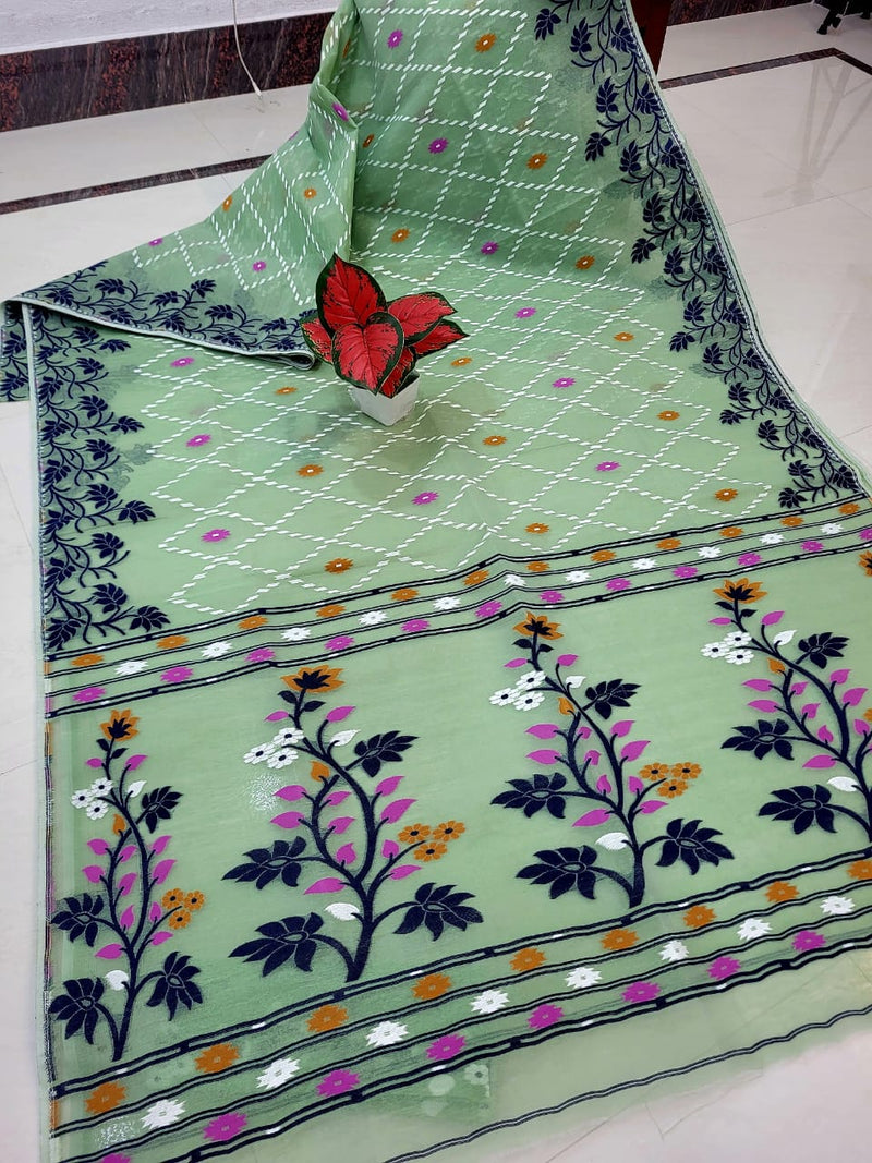 SAREEN Mint Green Floral Jamdani Saree with Navy Blue Woven Border